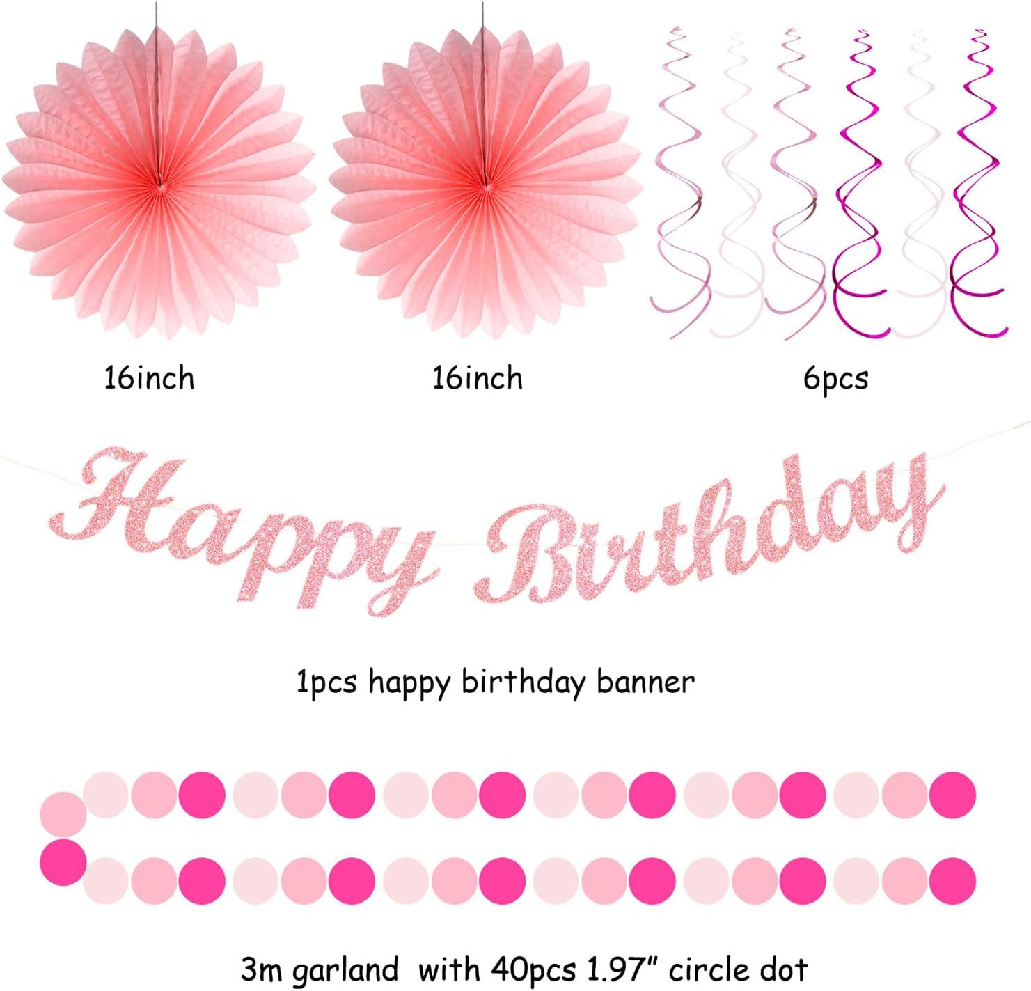 Light Hot Pink Birthday Party-Decorations – 21Pcs Girl Happy Banner,Paper Lanter