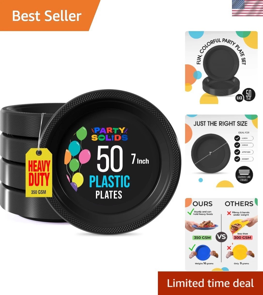 Elegant 50 pcs Heavy-Duty Black Plastic Plates – 7″ Disposable Dinnerware Set