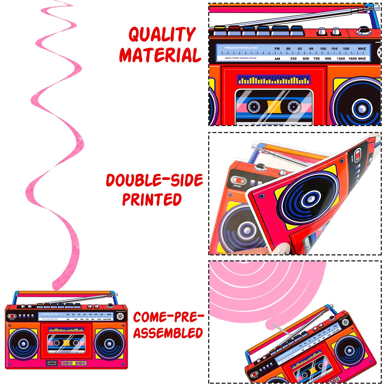 20 PCS Cassette Tape Boombox Hanging Swirls Retro Radio 80s 90s Party