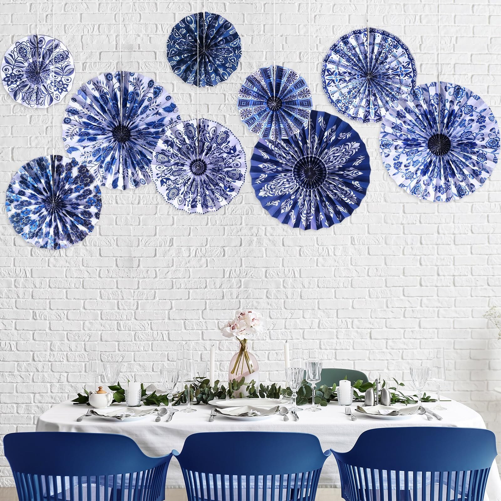 9 Pcs Chinoiserie Hanging Paper Fans Decorations Blue and White Porcelain Pri…