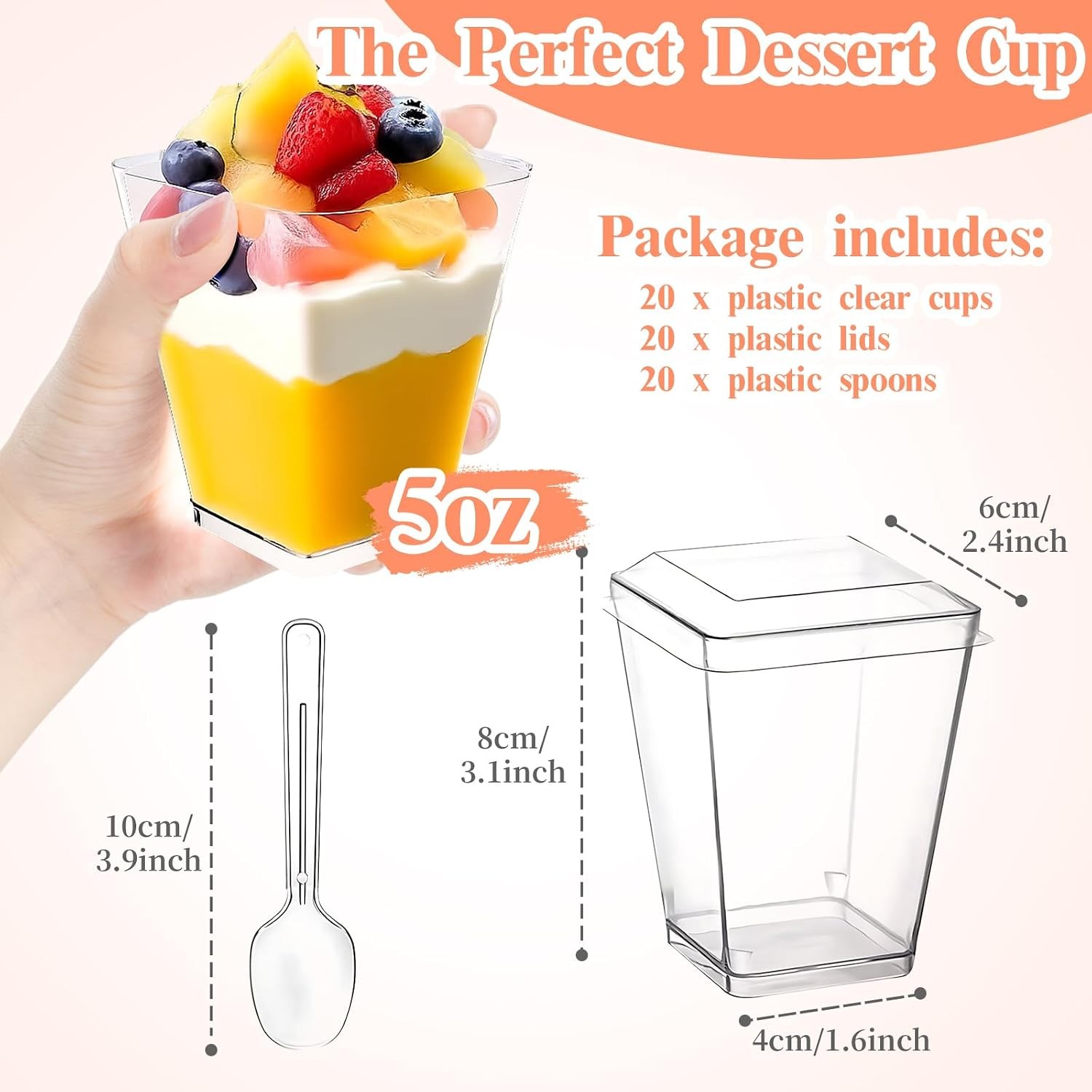20 Pack 5 oz Plastic Dessert Cups with Lids and Spoons, Yogurt Parfait Appetizer