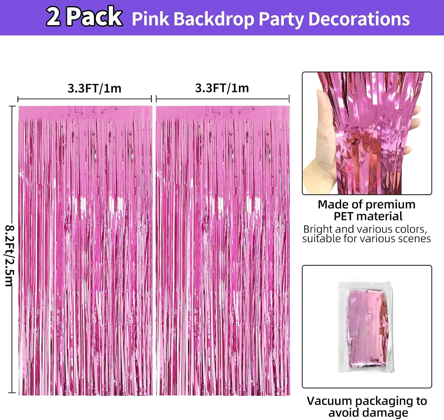 Pink Backdrop Birthday Party Decorations 3.3X8.2Ft, 2 Pack Tinsel Foil Fringe