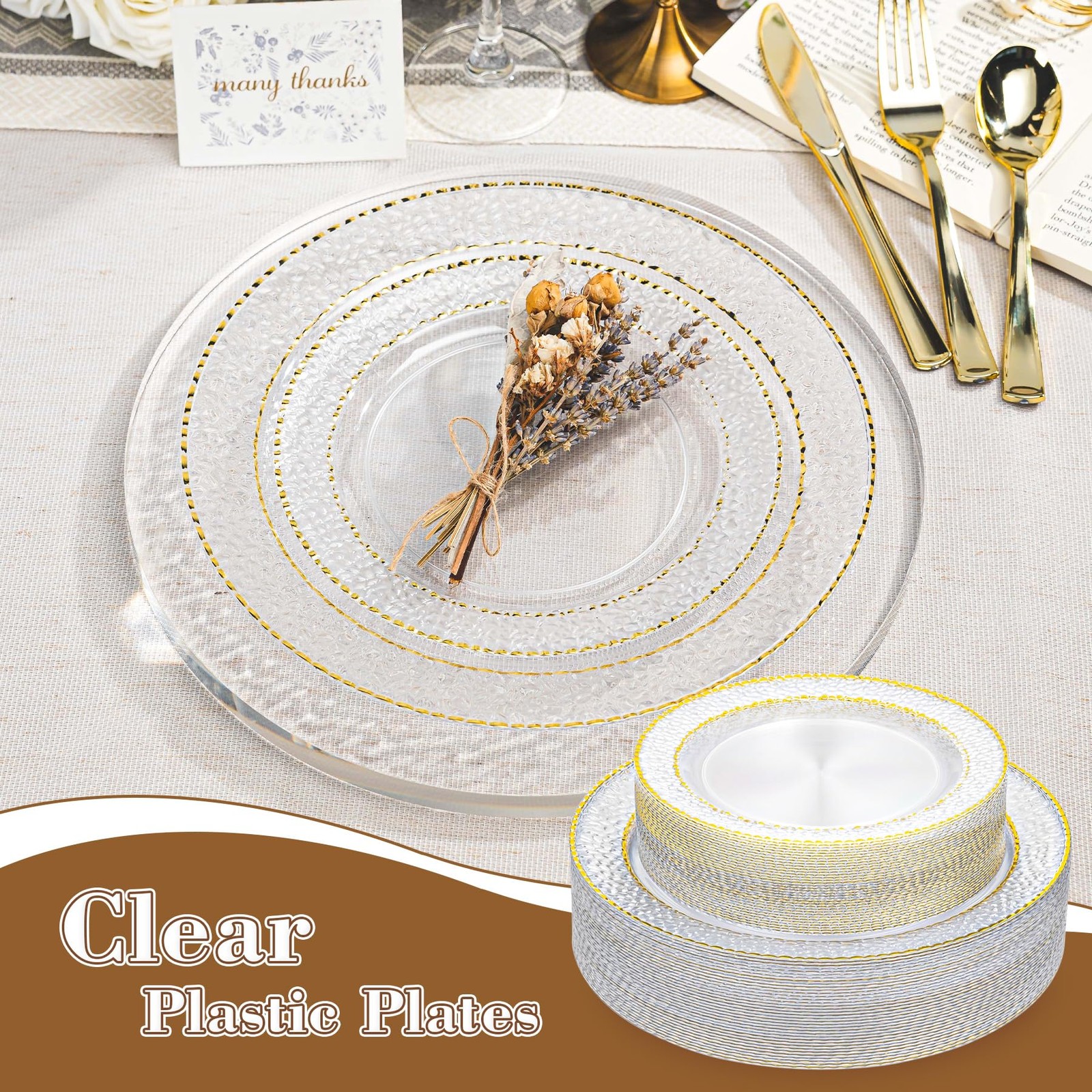 100PCS Clear Plastic Plates, Heavy Duty Disposable Plastic Plate with Gold Ri…