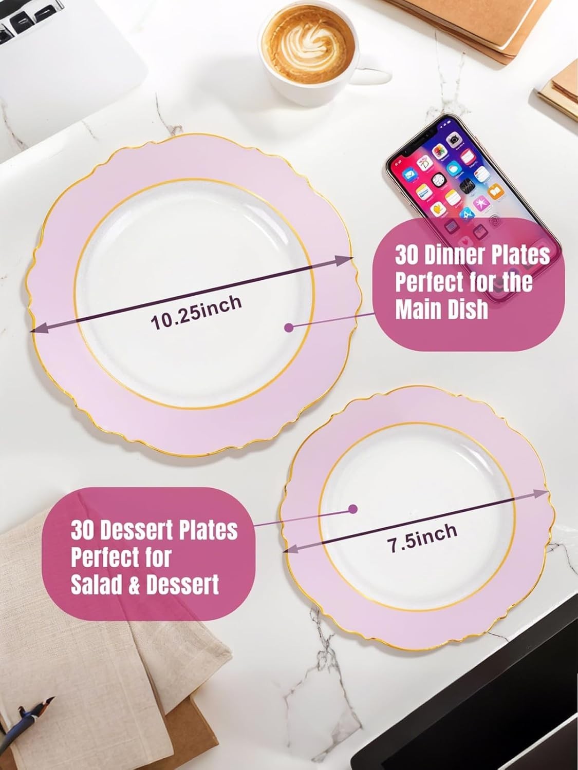 60Pcs Pink Plates Disposable with Gold Rim – Baroque Clear Pink and Gold Plas…