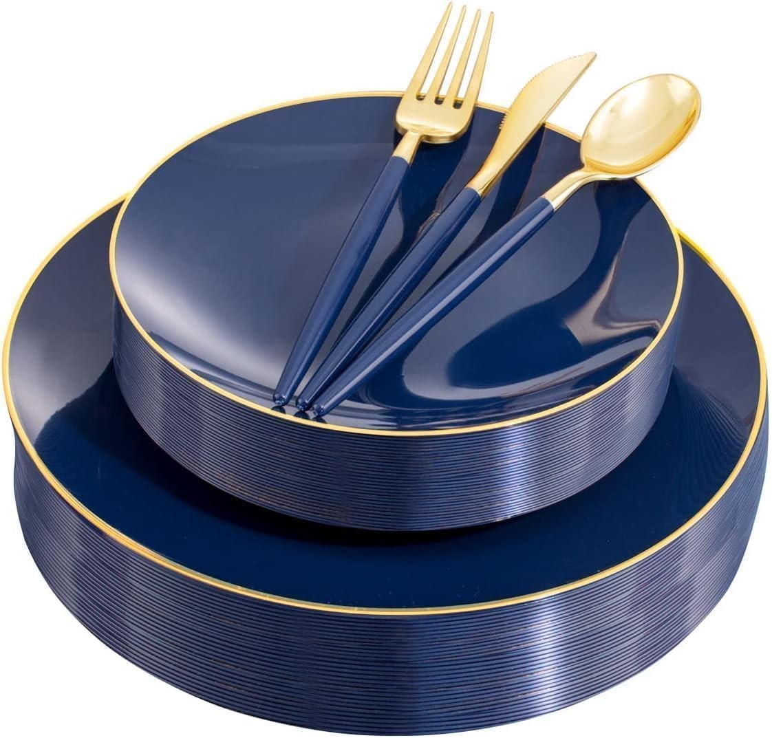 150PCS Blue Plastic Plates – Gold Plastic Silverware with Blue Handle – Navy …