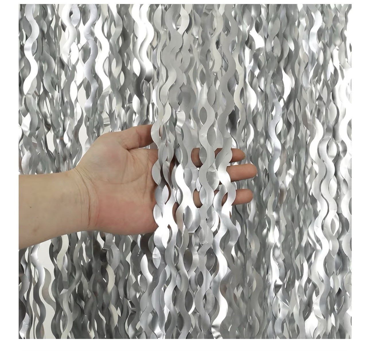 4 Pack 3.3×6.6ft Silver Foil Fringe Backdrop – Wavy Metallic Tinsel Foil Curt…