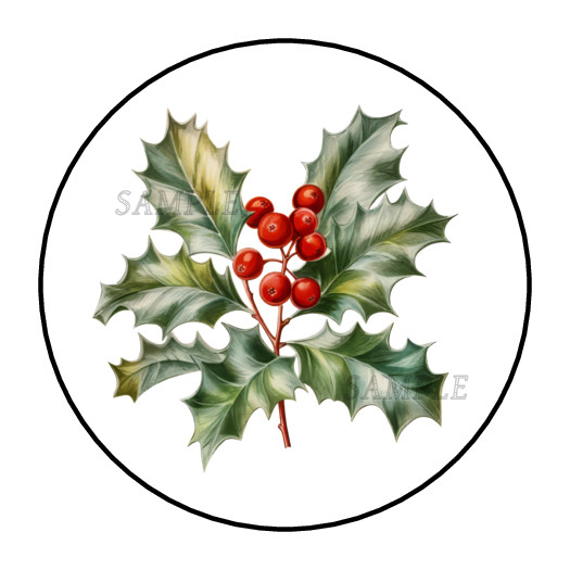 Christmas Holly Berry Branch Stickers Labels Tags Holiday Round Envelope Seals