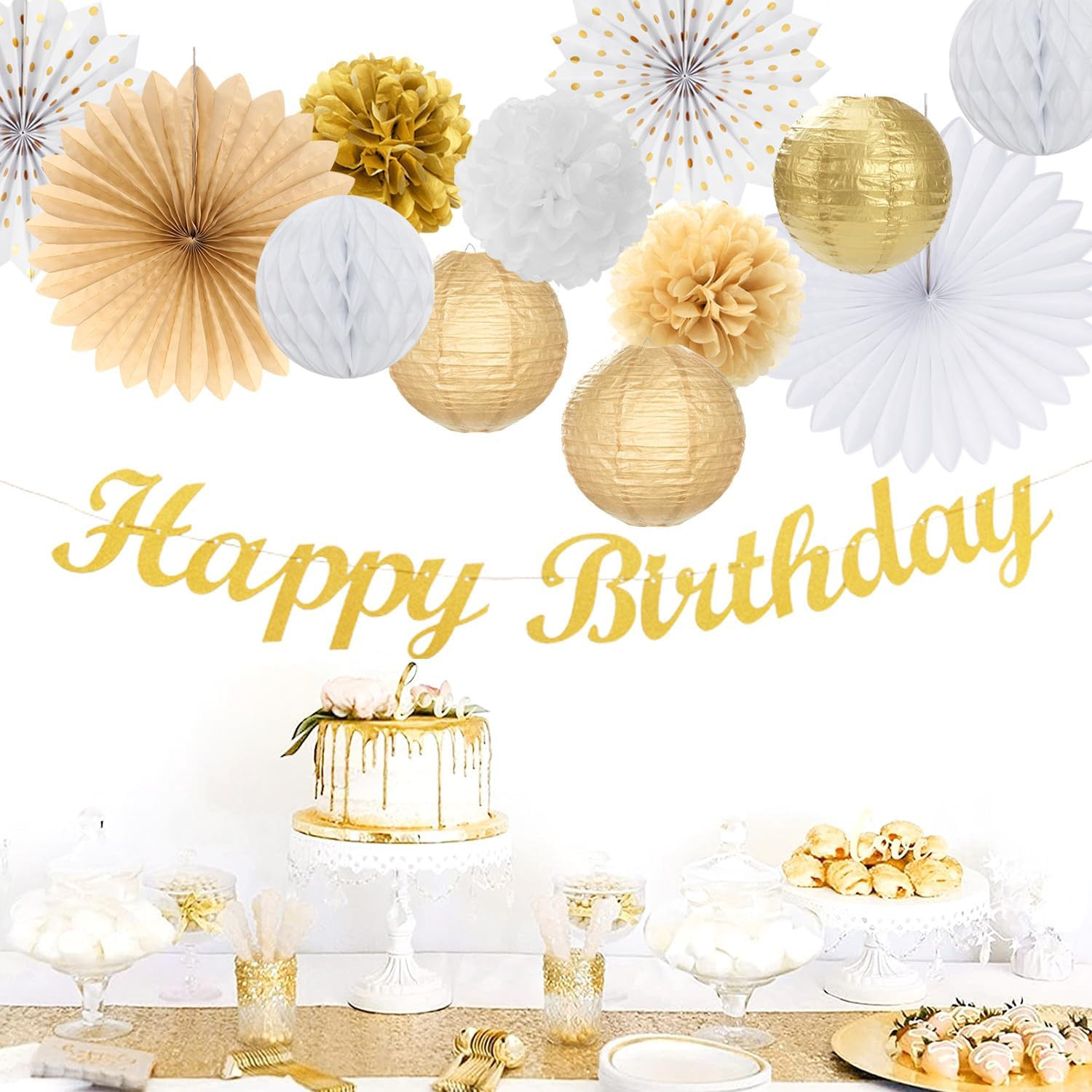 White Champagne Gold Birthday Party-Decorations – 21Pcs Happy Birthday Banner,Pa