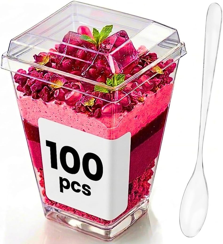 100 Pack 5 oz Disposable Plastic Dessert Cups with Lids and Spoons Clear Mini…