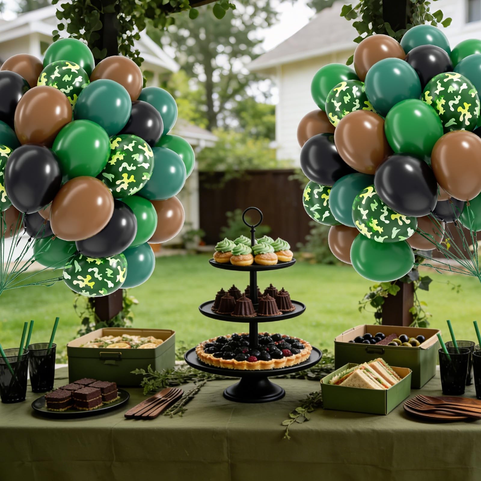 60pcs 12inch Camo Balloons, Green and Brown balloons with Dark Green Black Ba…