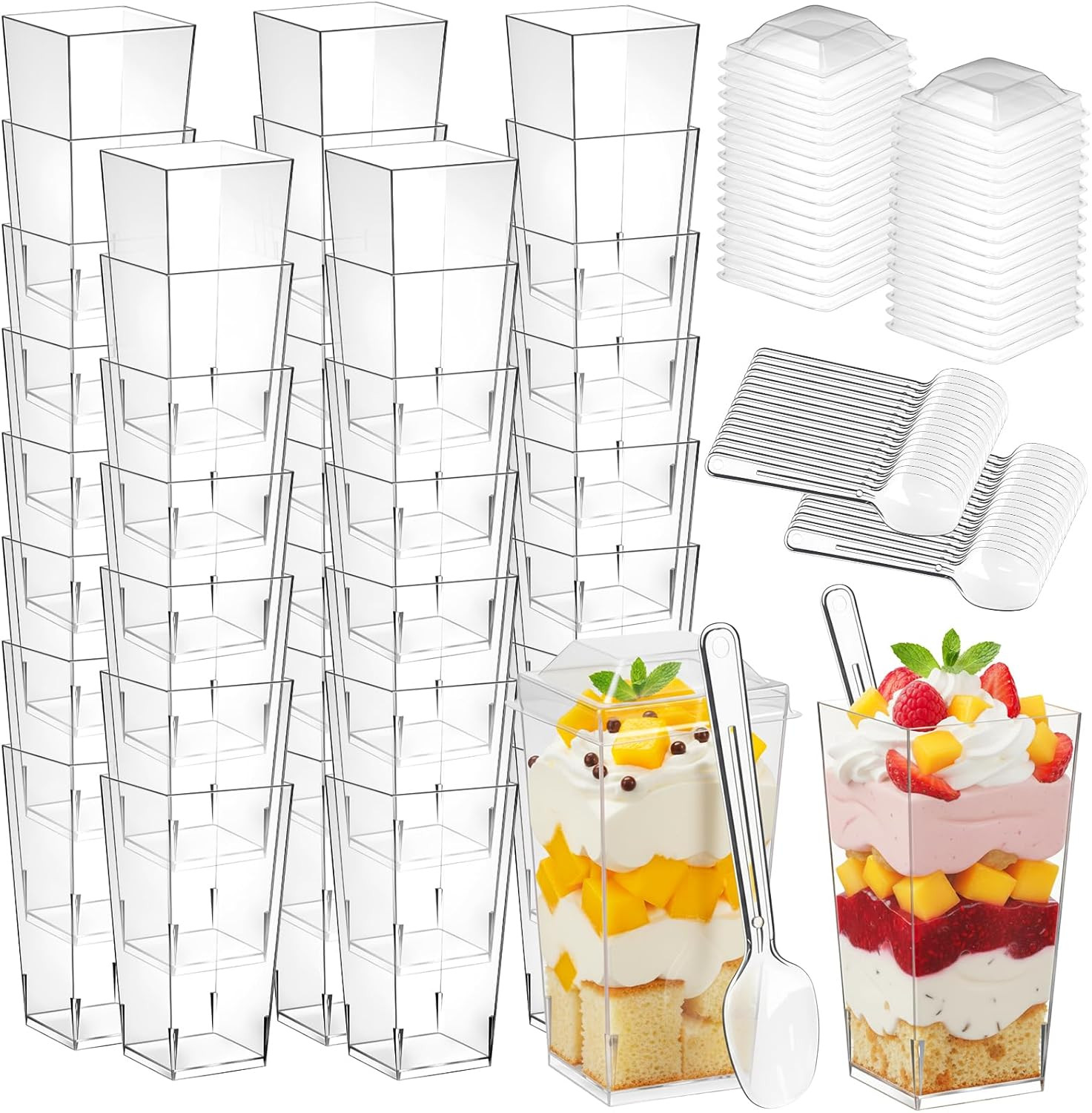 600 Pcs 3 Oz Mini Dessert Cups with Lids and Spoons, Reusable Square Appetizer,