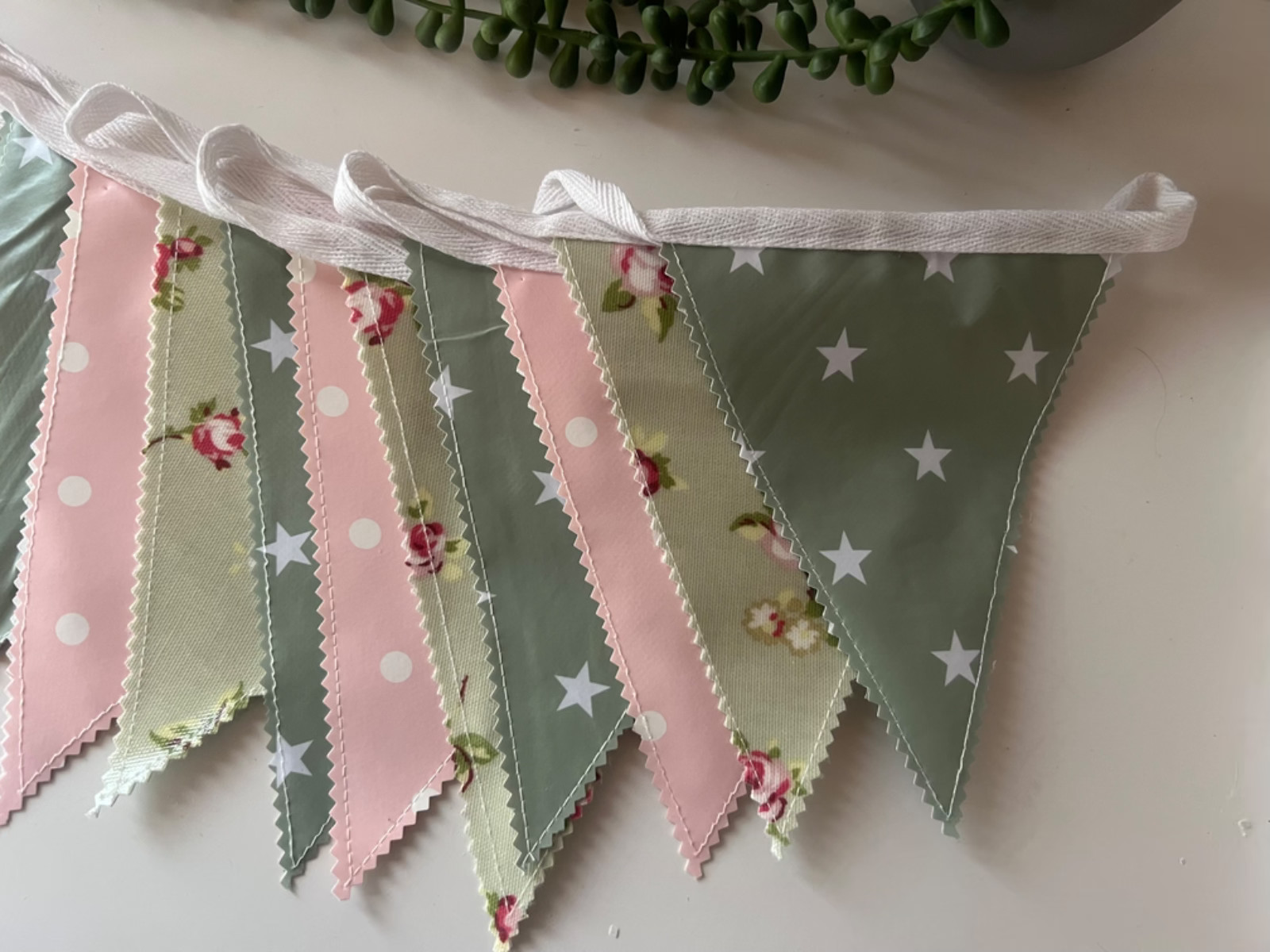 Handmade Outdoor Waterproof Bunting Sage Star Pale Pink Floral All Lengths