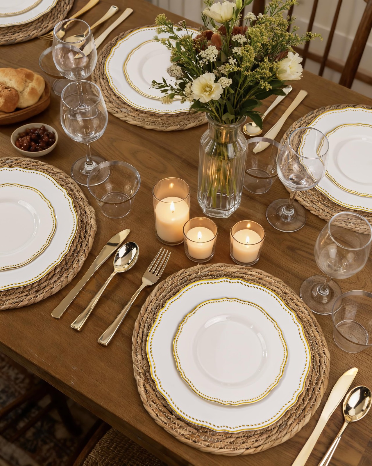 60PCS Ivory Plastic Plates Ivory and Gold Disposable Dinnerware with Gold Ri…