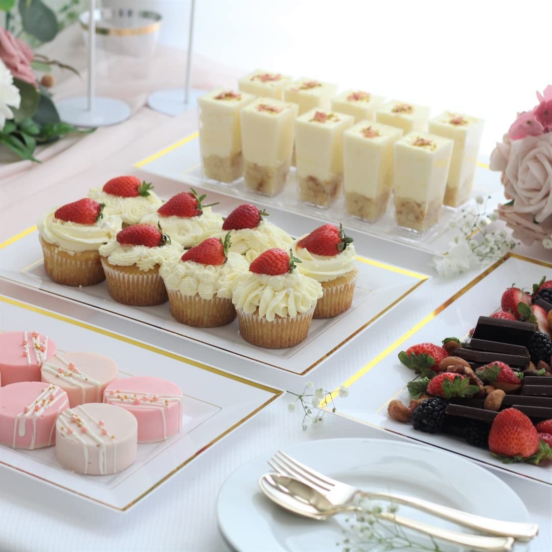 Mint Living – Elegant Plastic Serving Tray & Platter Set (6pk) – White & Gold Ri