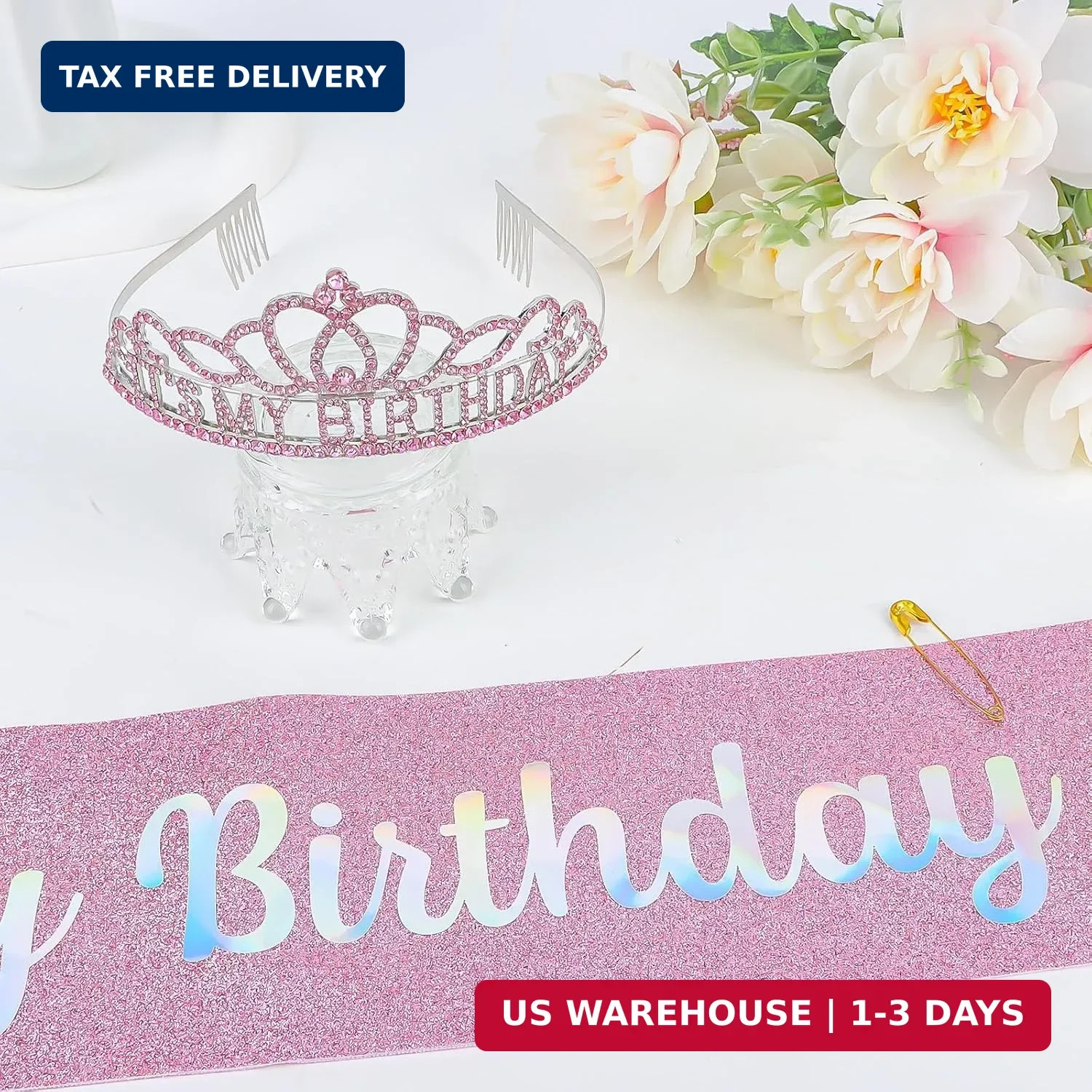 Birthday Crown and Sash Set, Glitter Its My Birthday Sash with Rhinestone Tiara