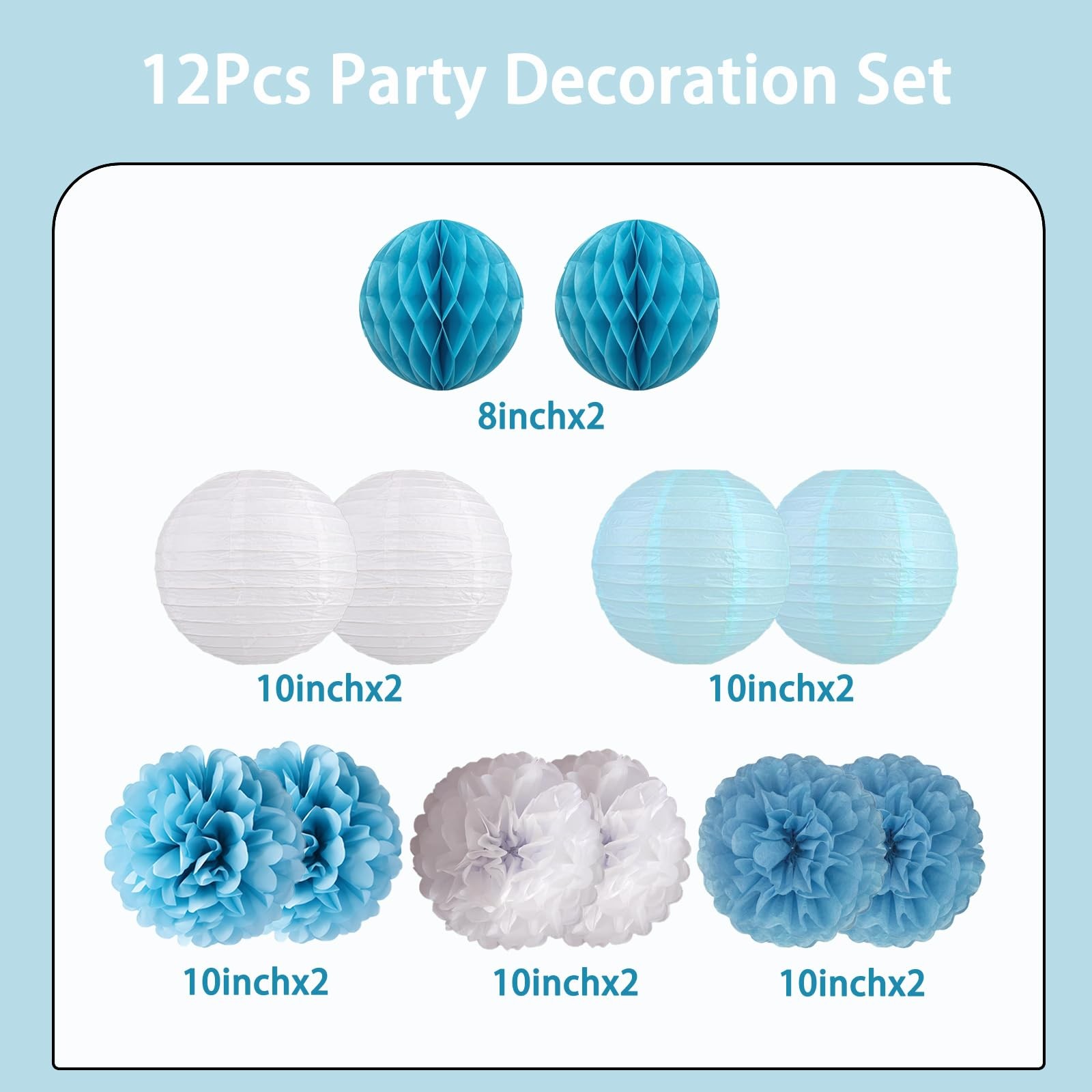12 PCS Dusty Blue White Hanging Paper Flower Lantern Tissue Pom Pom Party