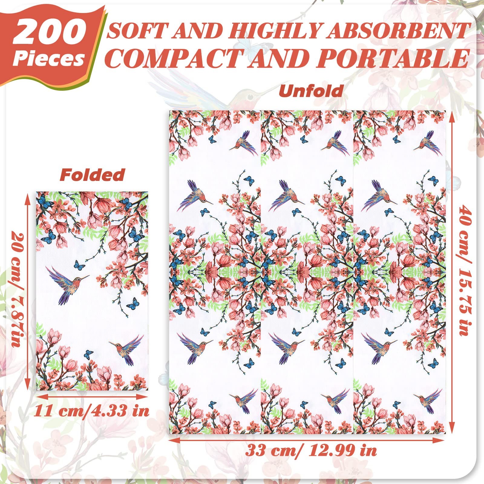 Jetec 200 Count Flower Birds Disposable Bathroom Hand Towels Paper Guest Towels
