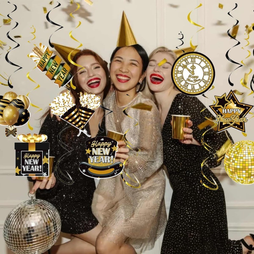 Happy New Year Hanging Swirls 2027 New Years Eve Party Black Gold Hanging