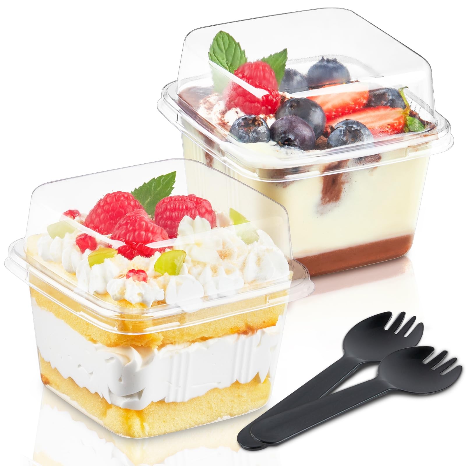 50 PCS 8 oz Clear Square Plastic Dessert Cups With Lids Sporks Containers