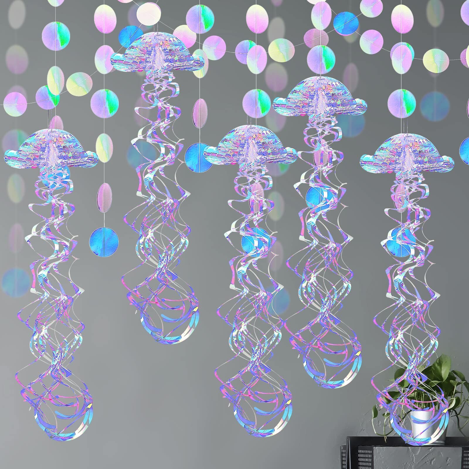 10 Pcs Glitter Iridescent Jellyfish Hanging for Under The Sea Party Decorations