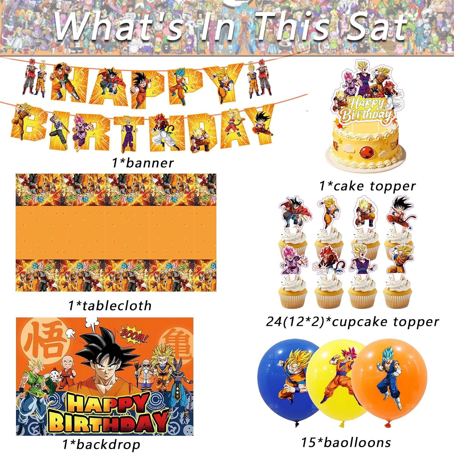43PCS Dragon Ball Birthday Party Supplies: Banner, Cake Topper, Tablecloth, Back