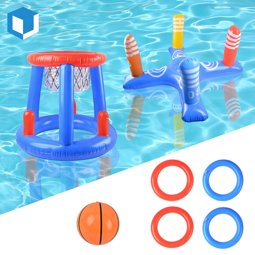 2-in-1 Pool Toys Games Teens Adult Inflatable Basketball Hoop Ring Toss Game Set
