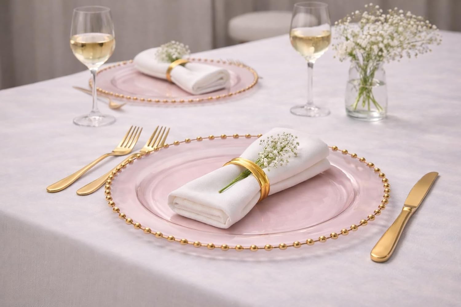 Translucent Pink with Gold Rim Plastic Charger Plates with Beaded Edge – Pack of