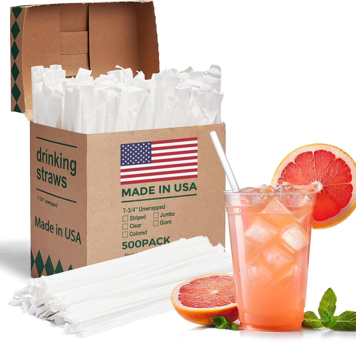500PCS Individually Wrapped Clear Plastic Straws, 7.75” Long, 0.24” Diameter D