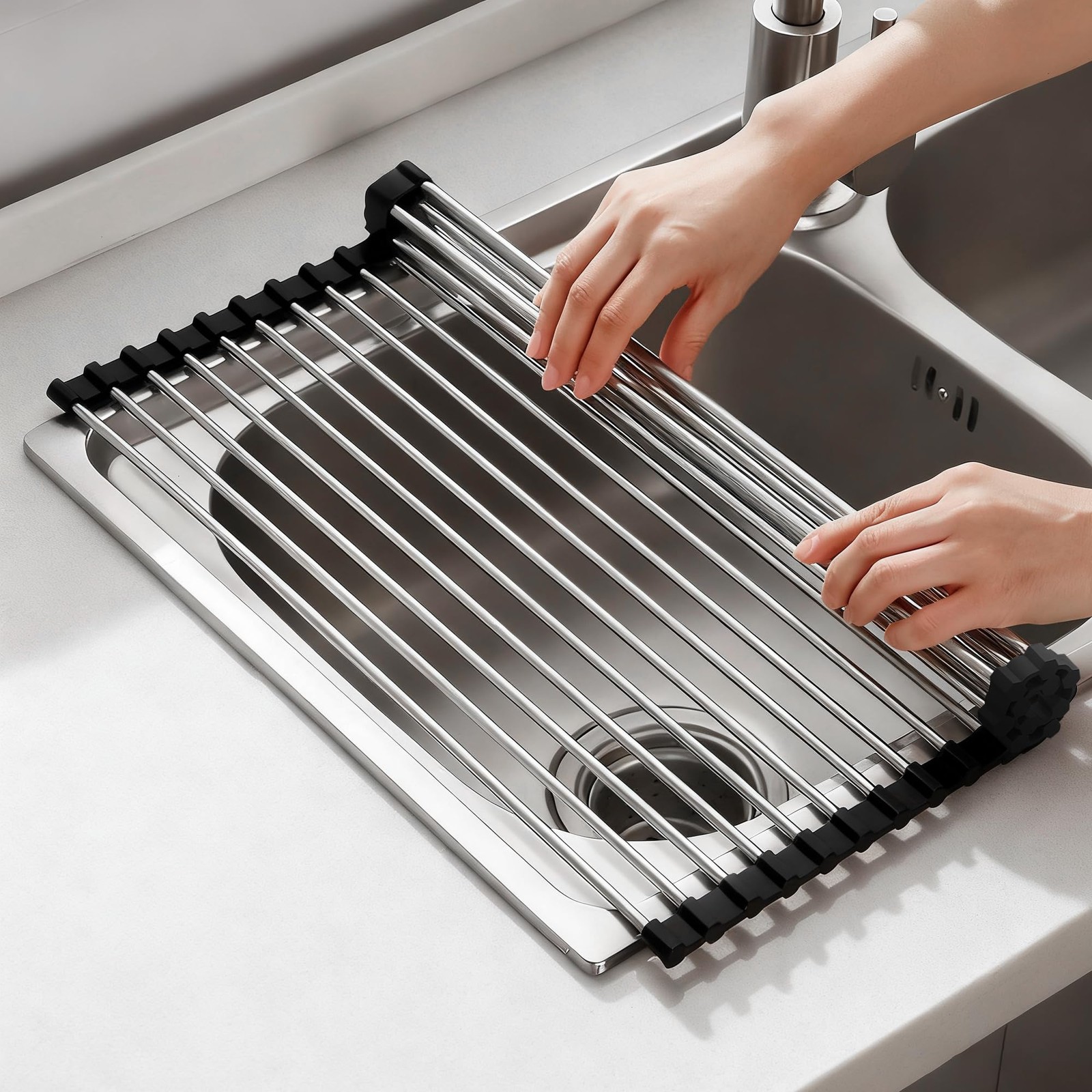 NEZUIBAN Dish Drying Rack with Roll Up and Over Sink for Kitchen,17.5″x15.7″,Bla
