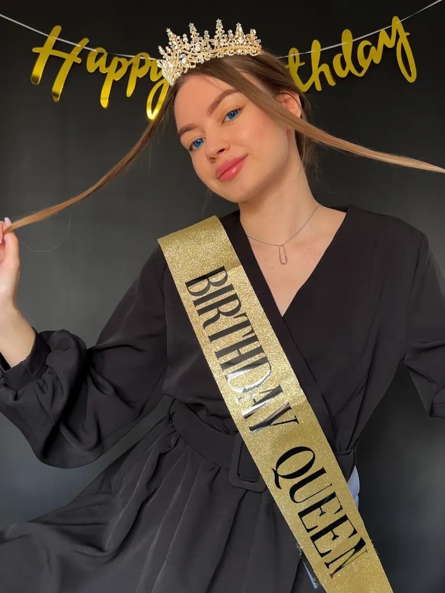 Birthday Queen Sash and Crown Set – Gold Rhinestone Tiara and Sash