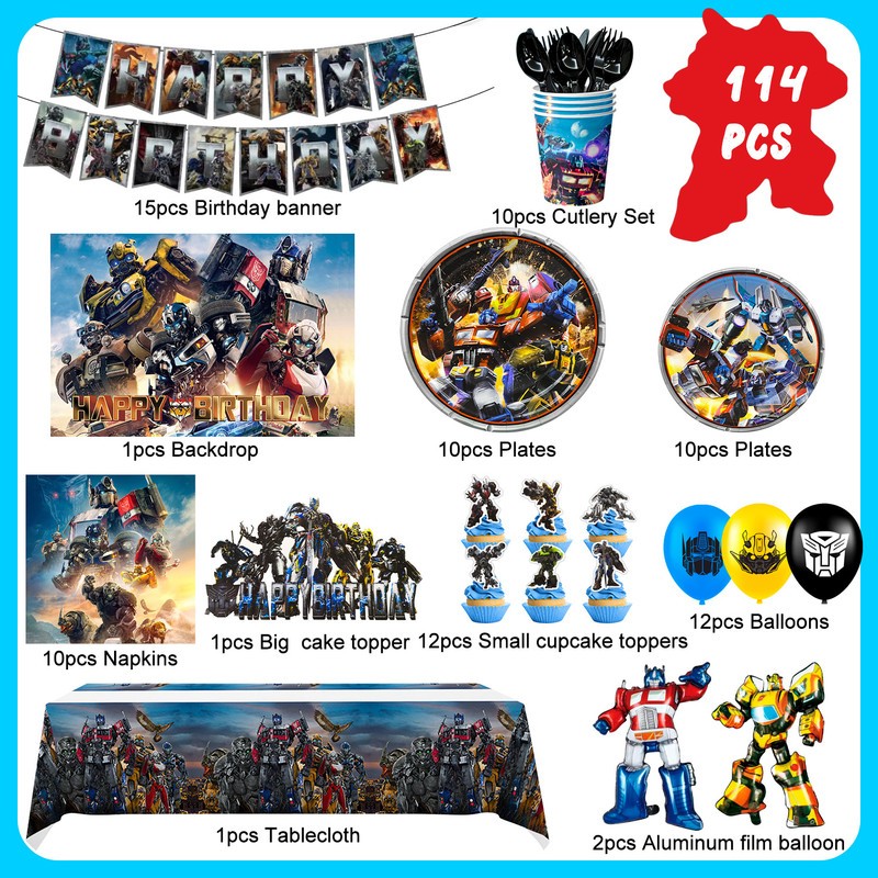 114Pcs Transformer Birthday Decoration Transformer Party Supplies Balloon Plates