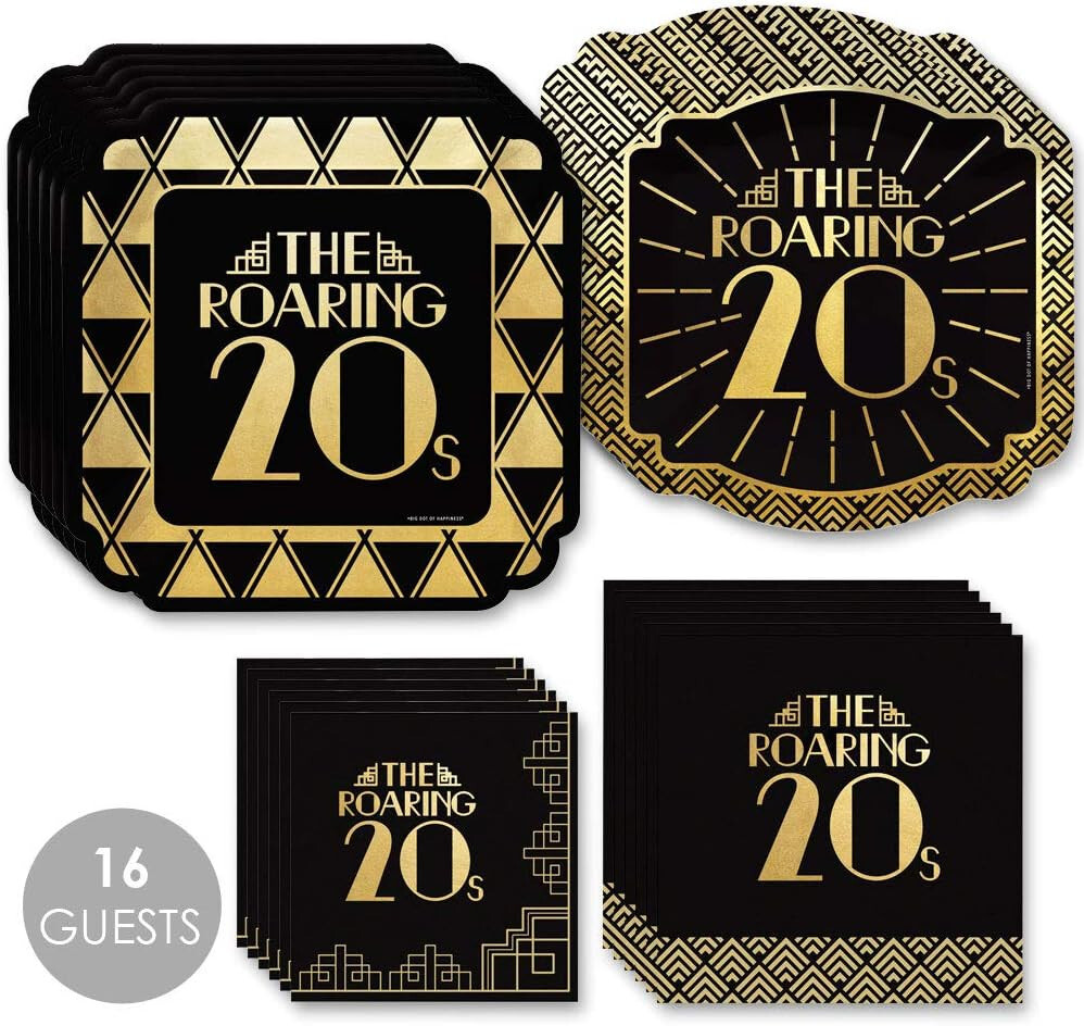 64 Piece Roaring 1920s Gold Foil art deco jazz theme tableware plates napkins