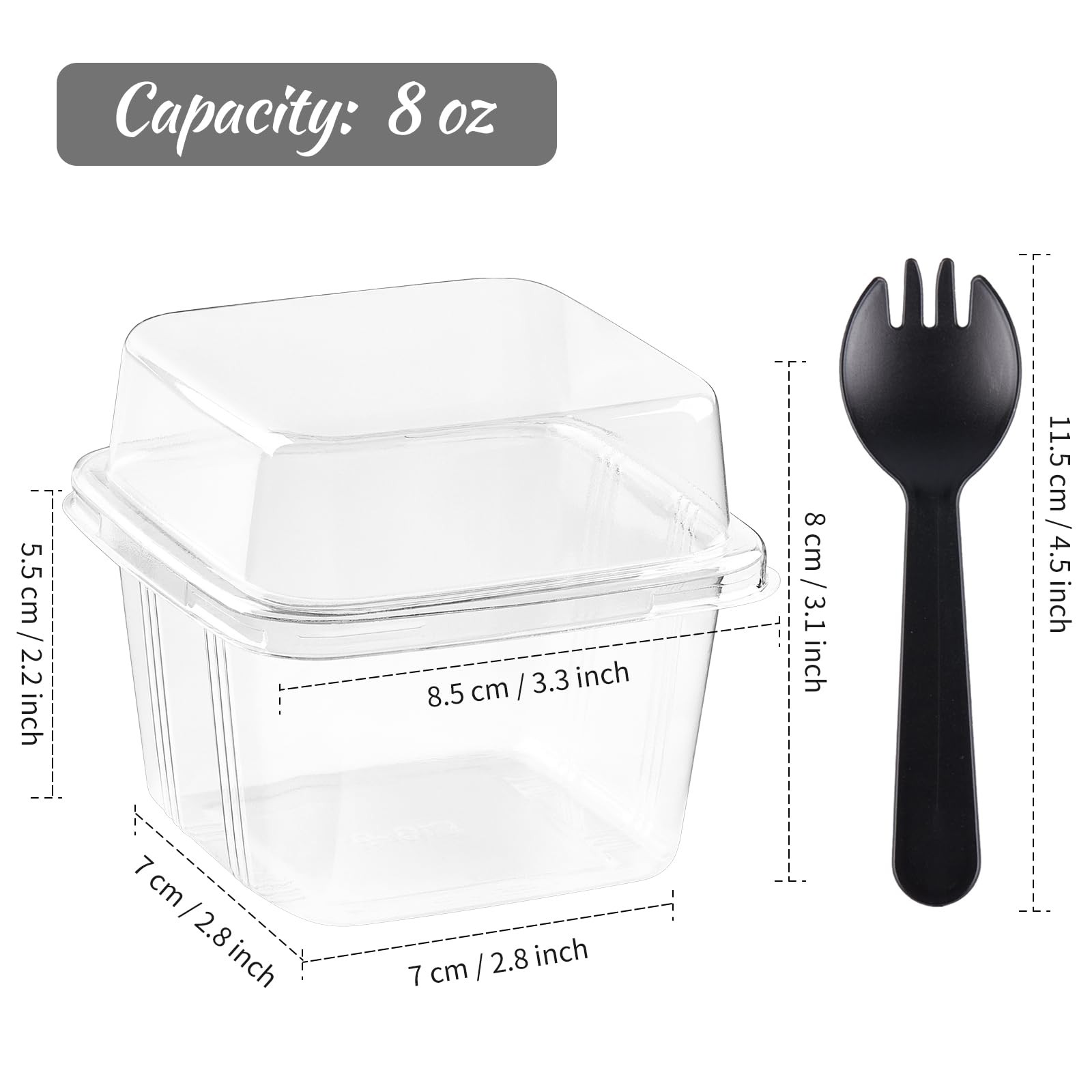 50 PCS 8 oz Clear Square Plastic Dessert Cups With Lids Sporks Containers