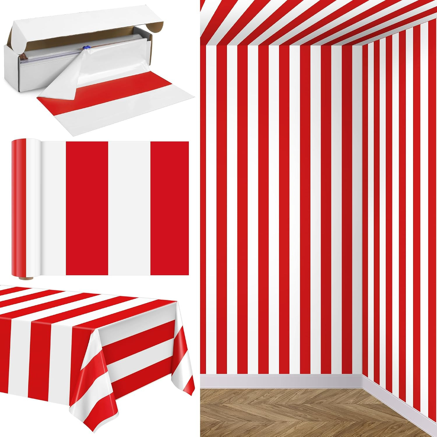 100 Ft X 54 Inch Red & White Striped Tablecloth Roll with Cutter Box Disposable
