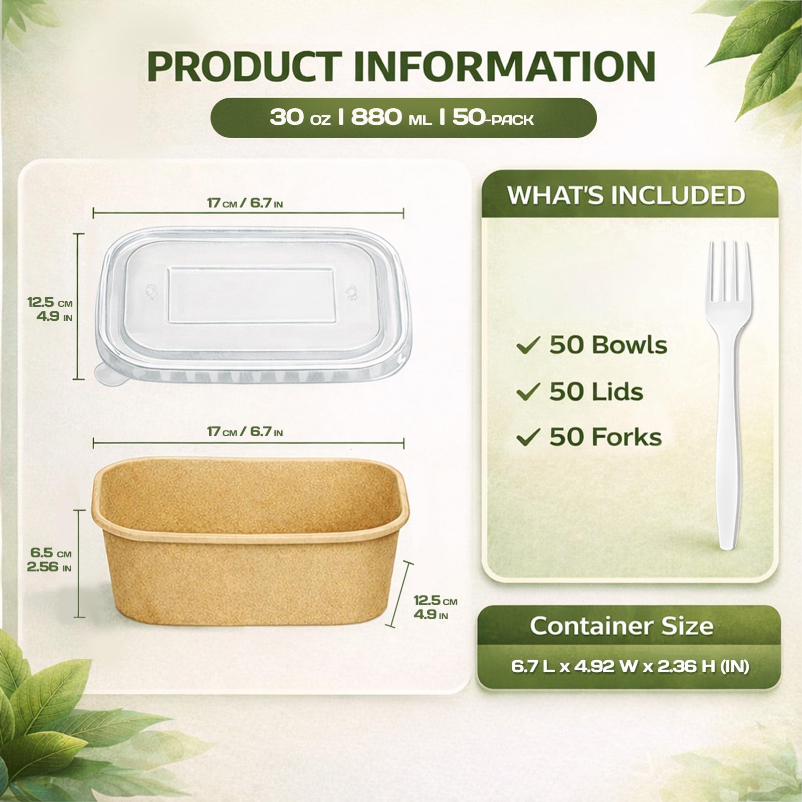 50 Pack 30 OZ Disposable Meal Prep Containers with Lids and Forks, Large Kraf…