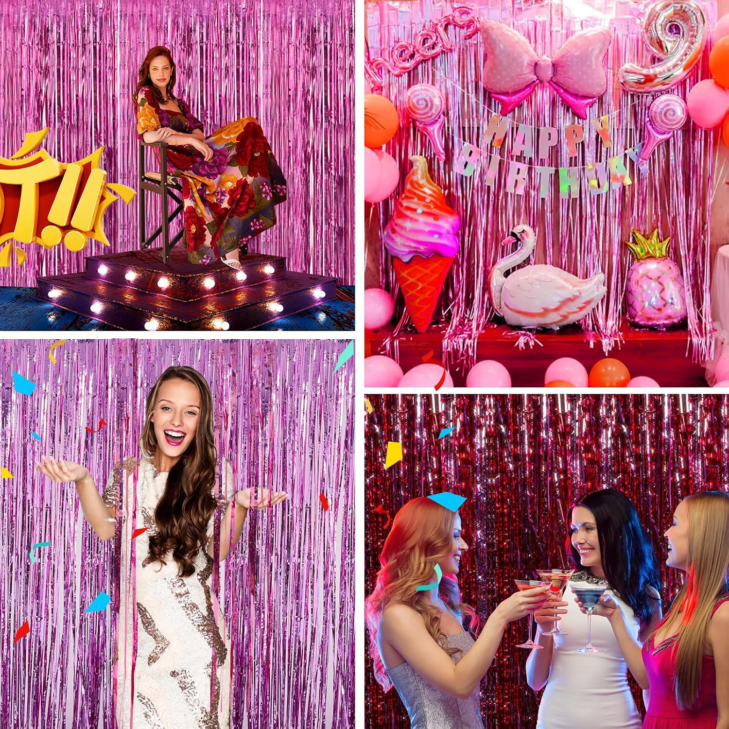 Pink Backdrop Birthday Party Decorations 3.3X8.2Ft, 2 Pack Tinsel Foil Fringe