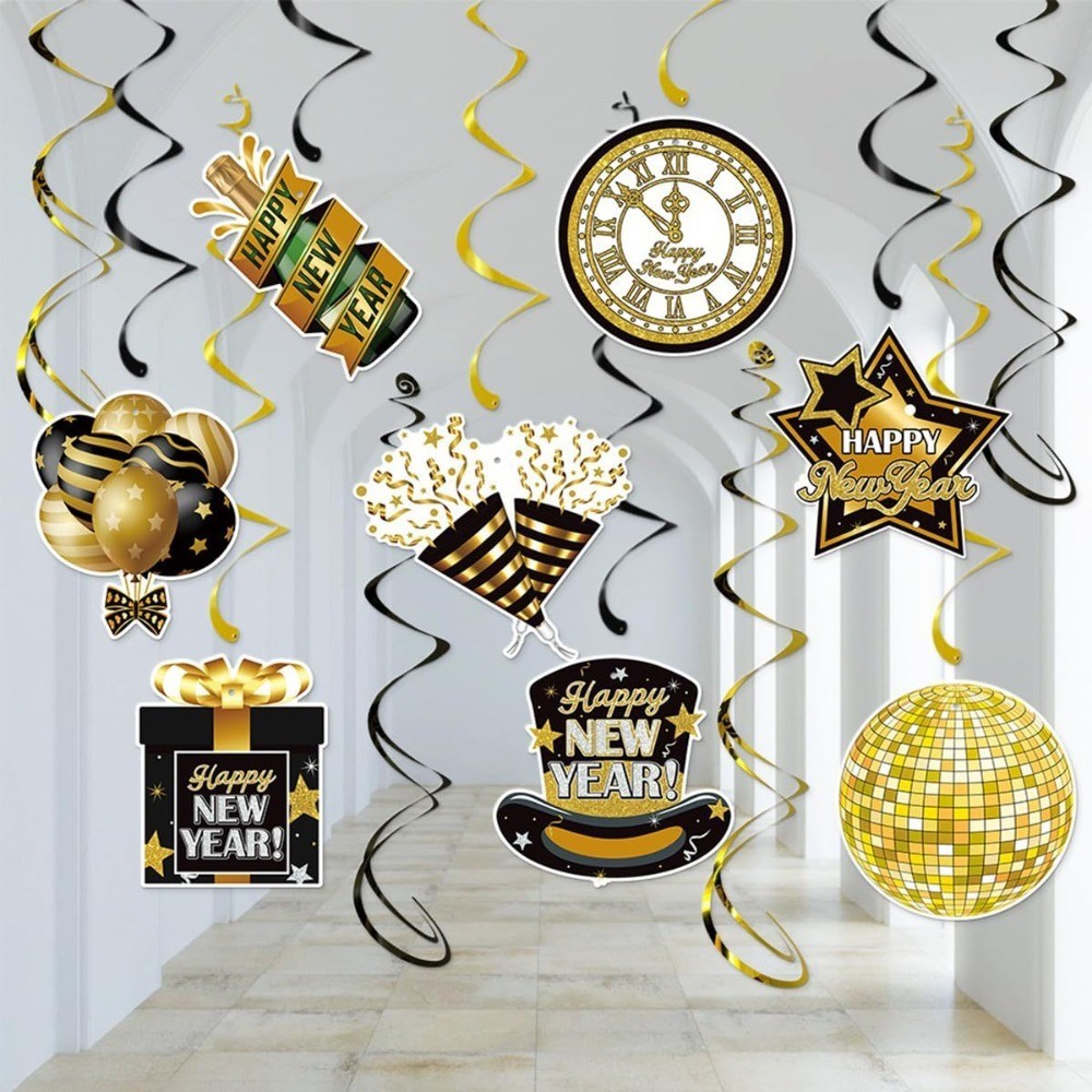 Happy New Year Hanging Swirls 2027 New Years Eve Party Black Gold Hanging