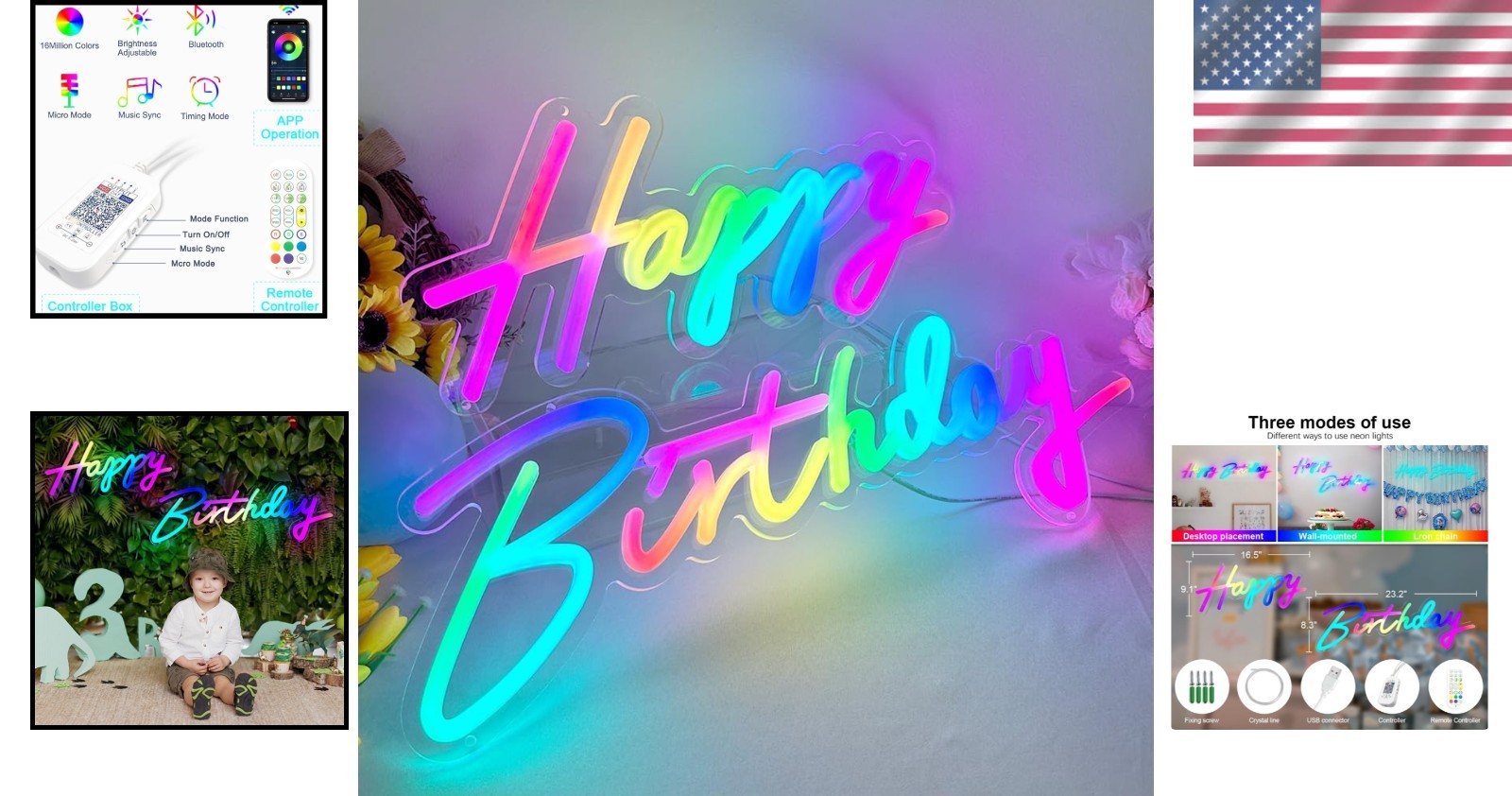 Extra Large 43″ Multi Color Happy Birthday Neon Sign – App/Remote Control, RG…