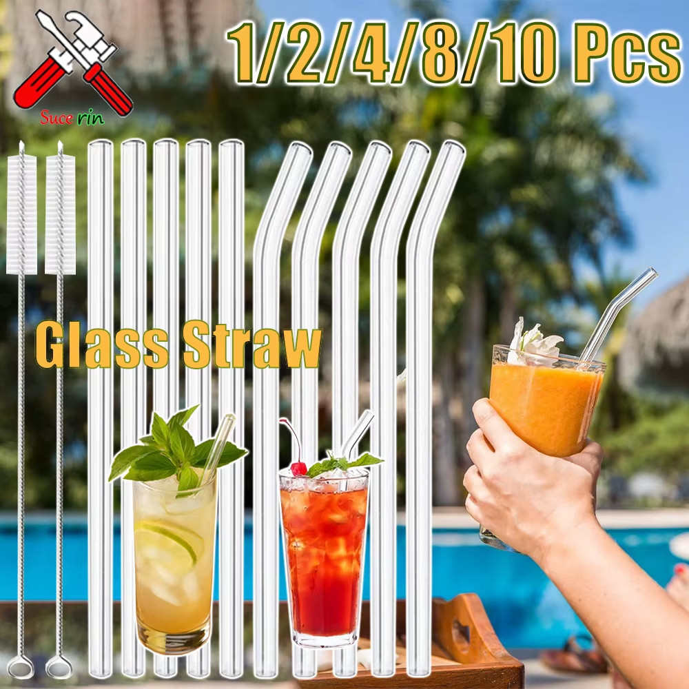 1-10Pcs Reusable Smoothie Glass Straw, Clear Drinking Straws for Smoothie Milksh