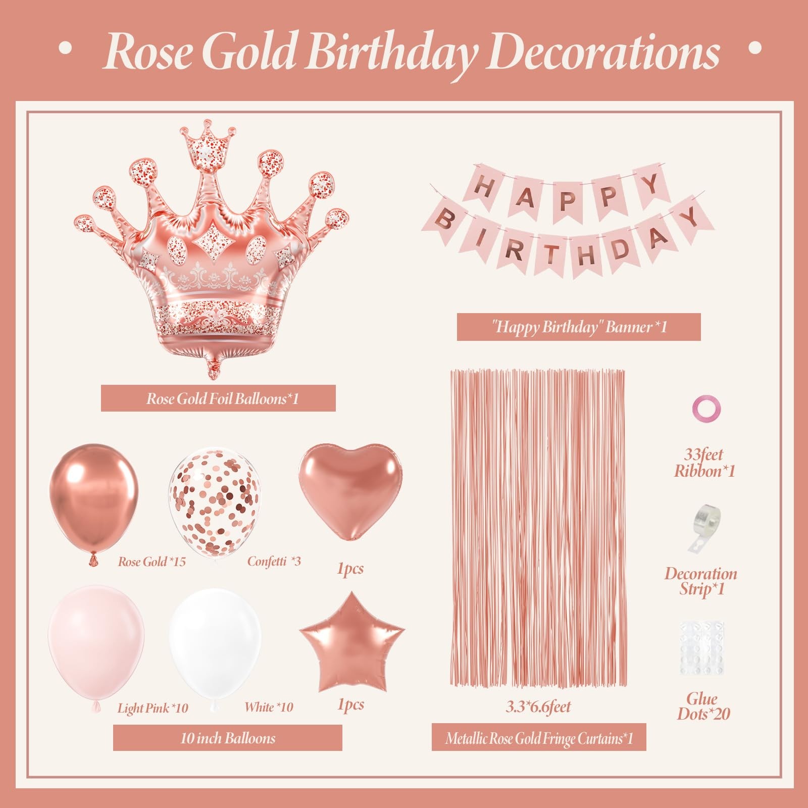 Rose Gold Birthday Decorations for Women with White Pink Rose Gold Balloons H…