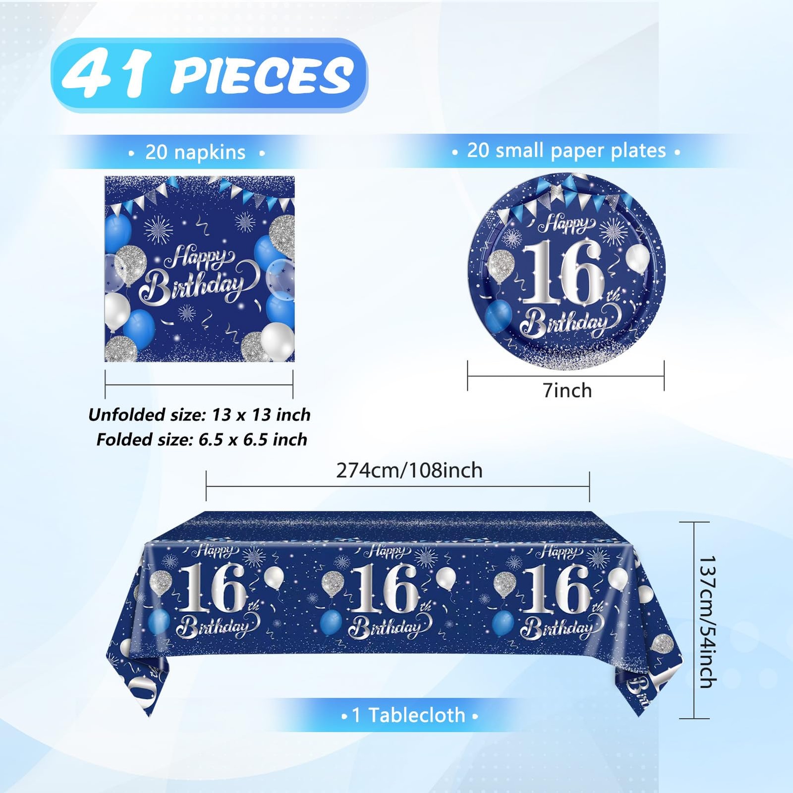 41PCS 16th Birthday Decorations for Boys Navy Blue Silver 16 16 Years Old