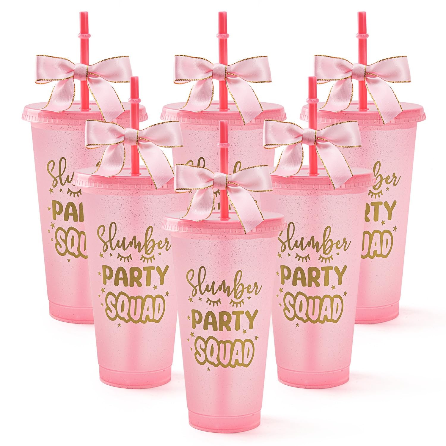 6 Set Slumber Party Plastic Cups with Lid Straw and Twist Bow 24 oz Sleepover…