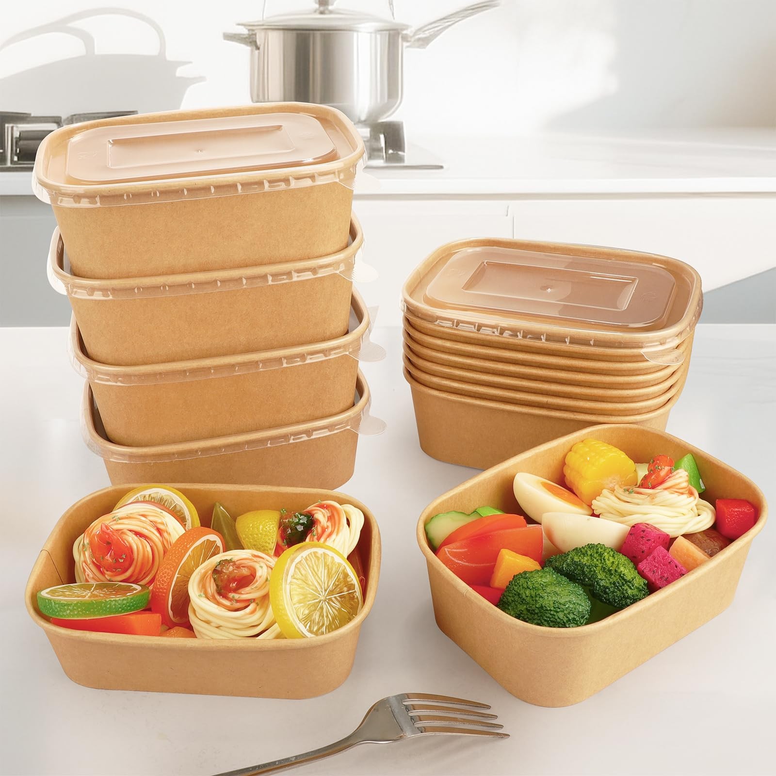 50 Pack Disposable Kraft Paper Bowls 25 OZ Food Containers with Lids Meal Con…
