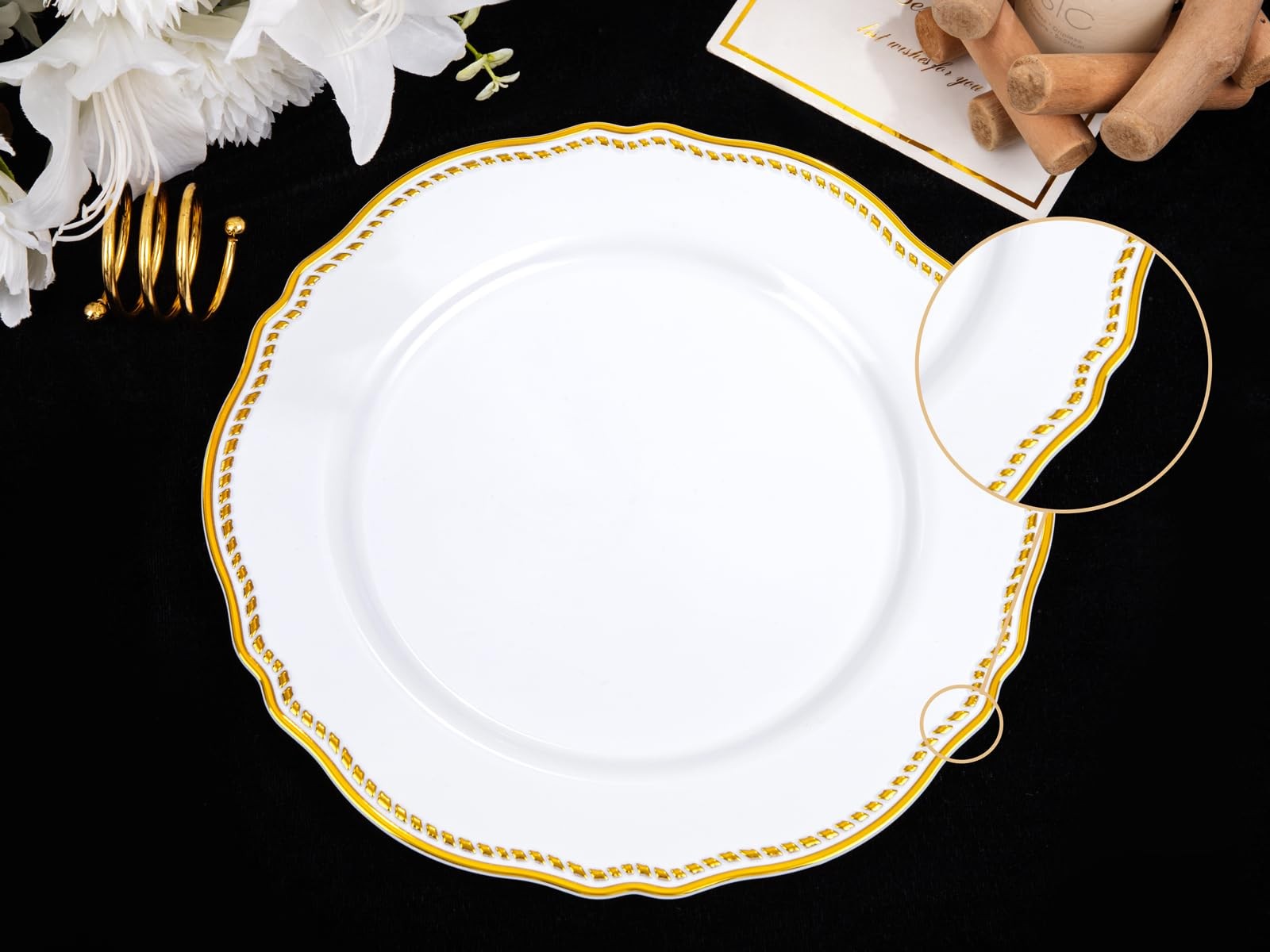 60pcs Gold Plastic Plates – White and Gold Disposable Dinnerware with Gold Ri…