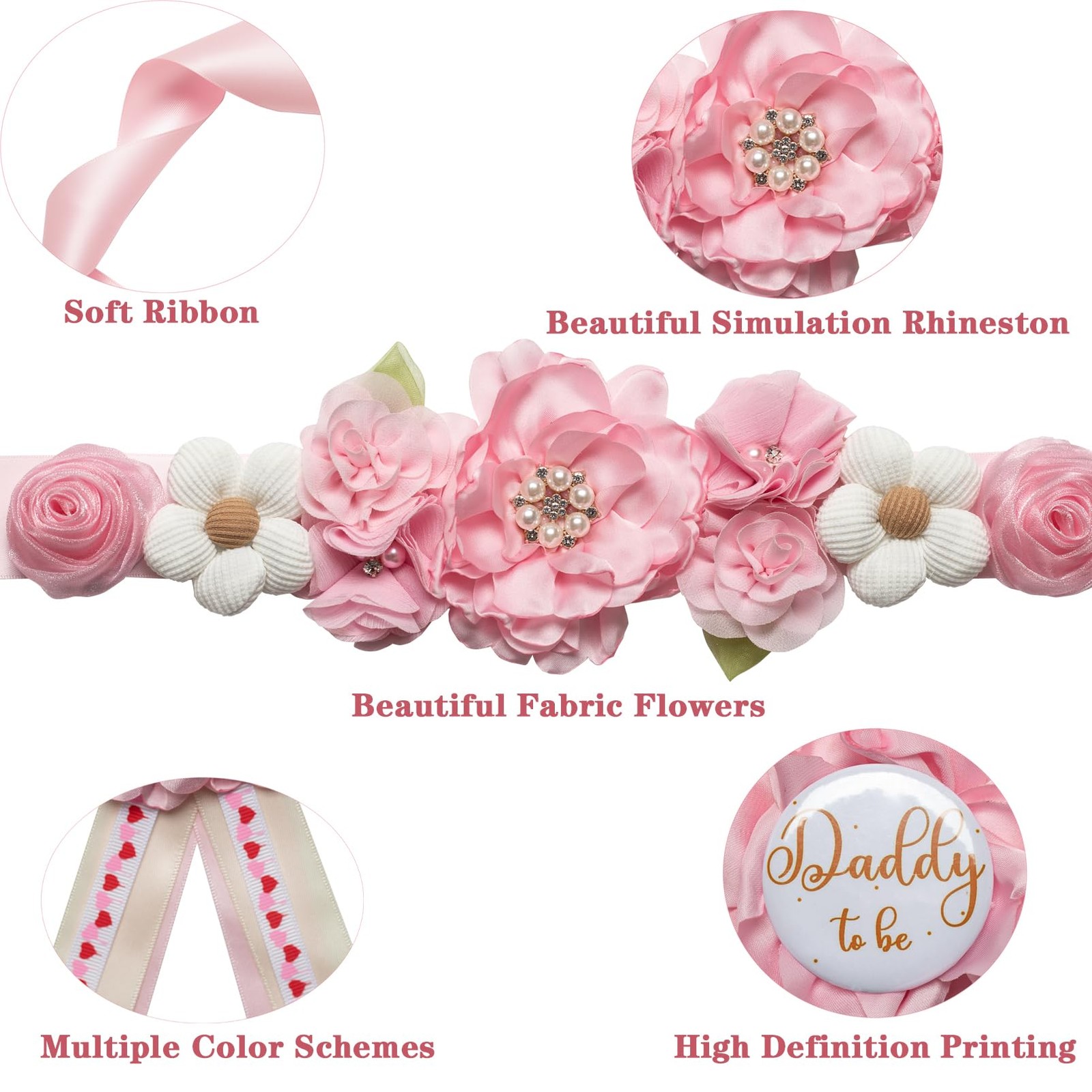 Pink Maternity Sash Set Mommy Daddy To Be Corsage Pin Flower Baby Shower Prop