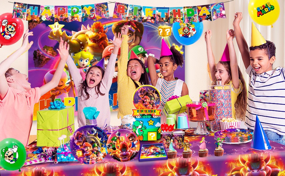 Super Mario Party Decoration Game Birthday Supplies Set Balloon Plates Backdrop