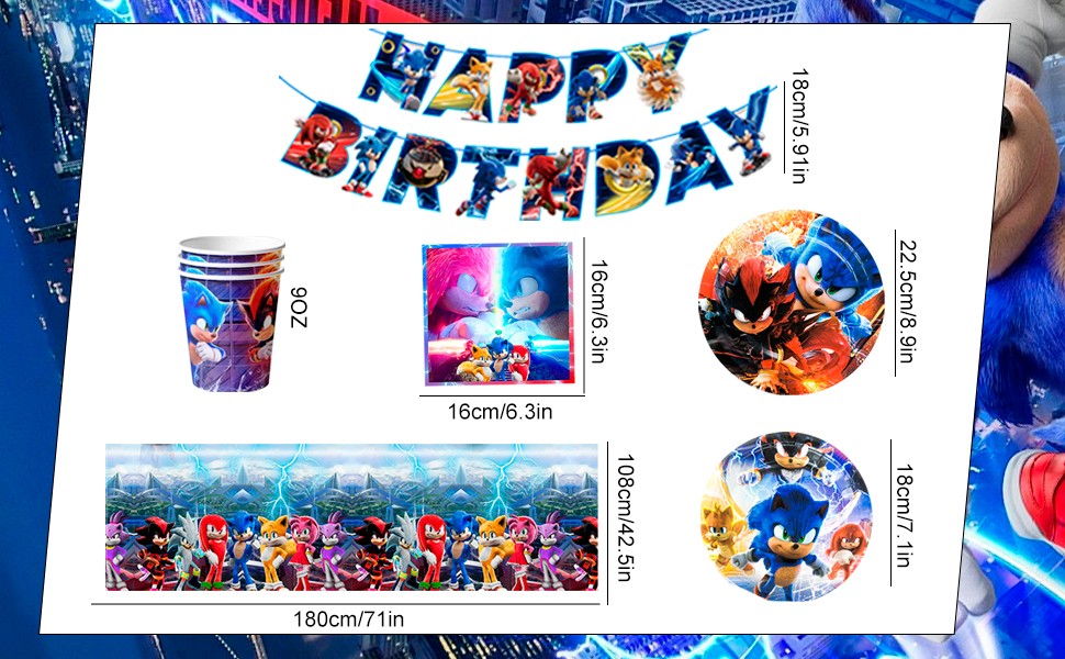 Sonic Party Supplies Tableware 118Pcs Sonic Tablecloth Banner Plates Napkins Cup