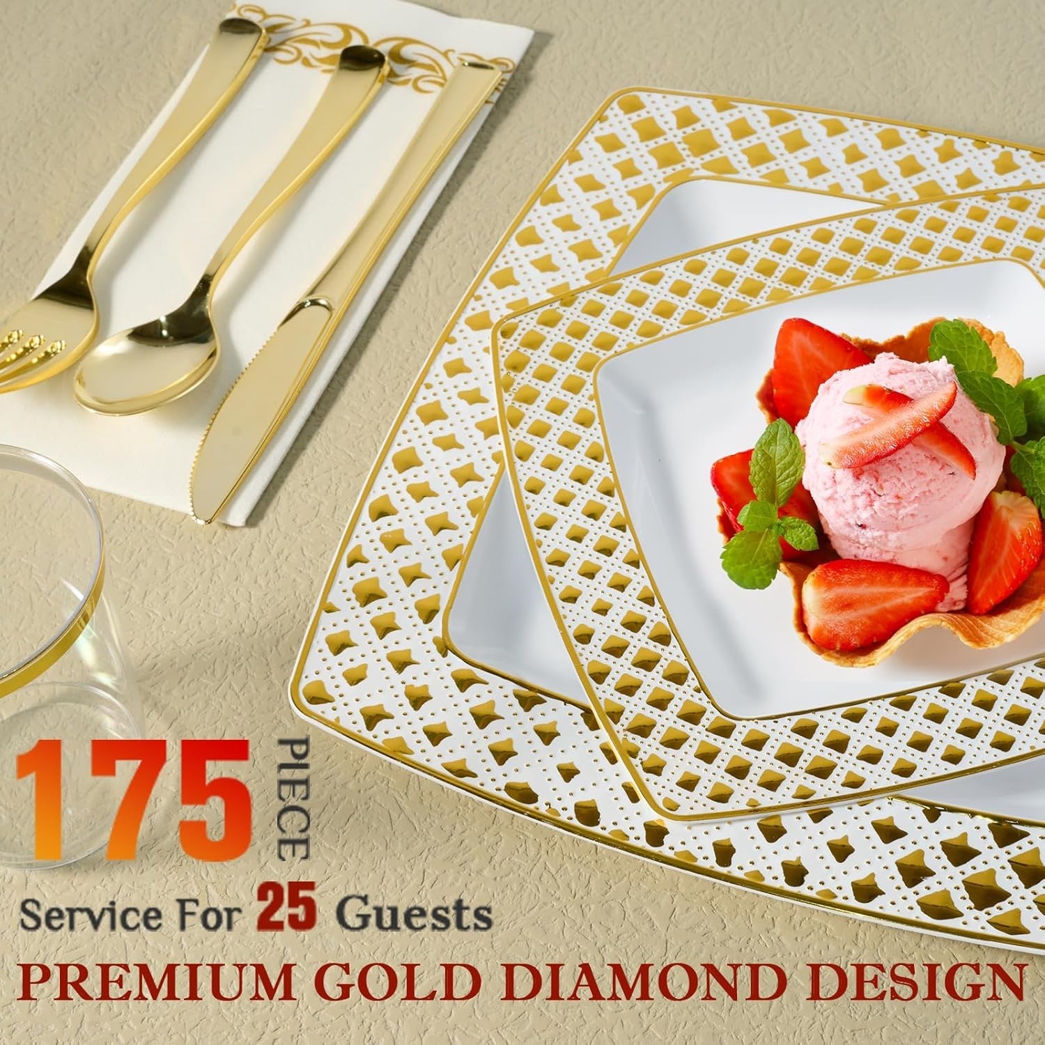 175 Ct Gold Dinnerware Set for 25 Guests – Square Plastic Plates with Diamond Ri