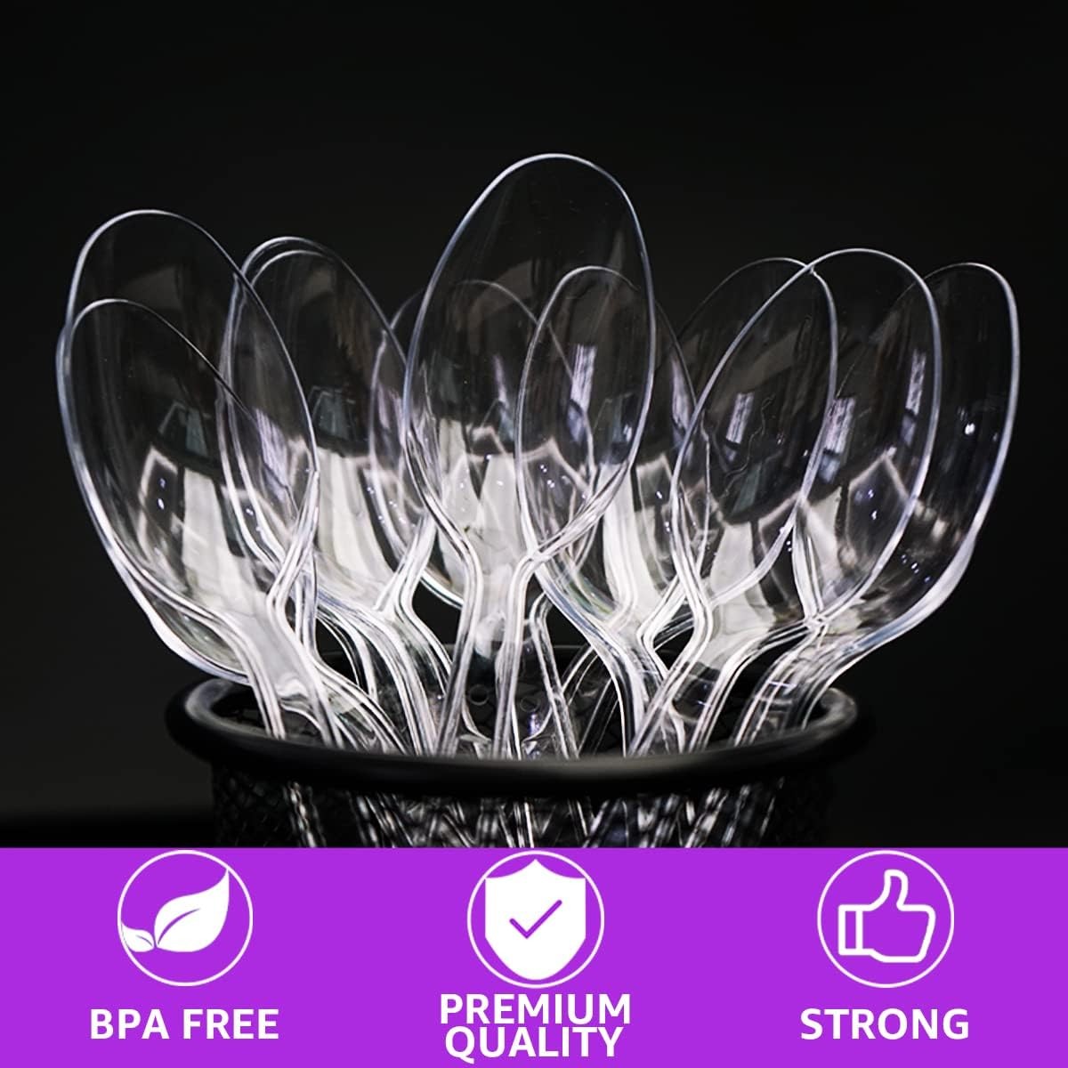 100 Count] Clear Plastic Spoons Heavy Duty Disposable Spoon Reusable Bulk