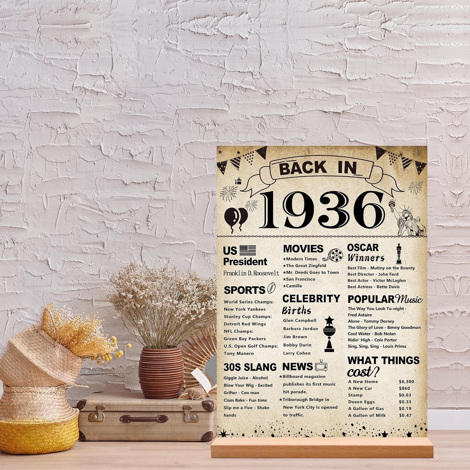 90th Birthday Party Decorations, Vintage Back in 1936 Poster Acrylic Sign wit…